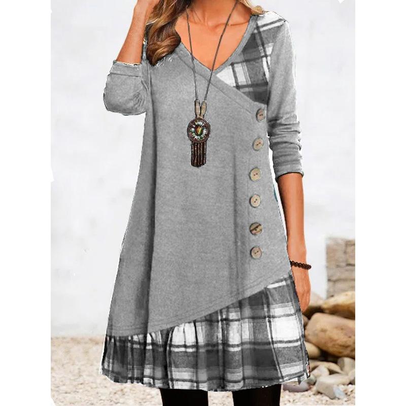 Women's Patchwork Long Sleeve Dress Casual Boho Style Loose Fit Maxi Dress with Floral Print