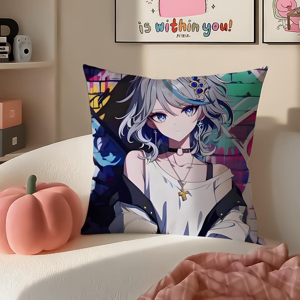 Game Genshin Furina Cushion Cover Pillowcase Short Plush Invisible Zipper Room Sofa Cushion Cover