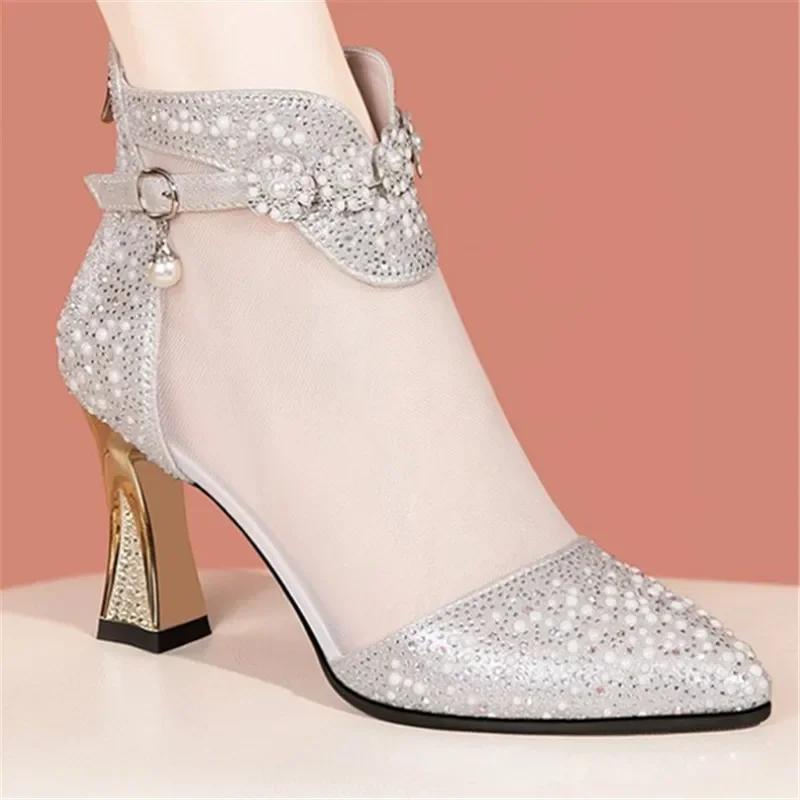 Summer Women Fashion Pointed Mesh Breathable Rhinestone High Heel Korean Style Comfortable Cool Boots for Women Sandals