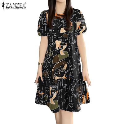Women Casual O-neck Summer Loose Short Sleeve Print Dress