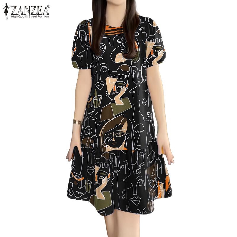 ZANZEA Women Casual O-neck Summer Loose Short Sleeve Print Dress