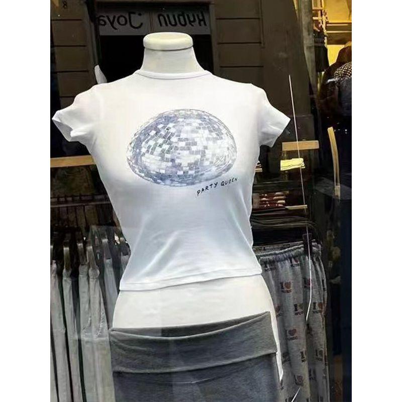 2025 Summer Pure Cotton Rubik's Cube Earth American Sexy Shoulder T-shirt Women's Round Neck Print Short Sleeve Silm Tops
