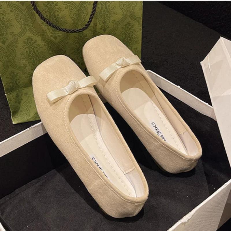 Fashion French Elegant Bow Flat Shoes 2024 Spring New Round Head Comfortable Suede Leather Women's Mary Janes Shoes