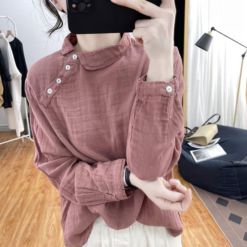 

Корейская рубашка с воротником-стойкой из чистого хлопка с длинными рукавами для женщин, осенний свободный топ в стиле ретро с косой застежкой на пуговицы L розовый