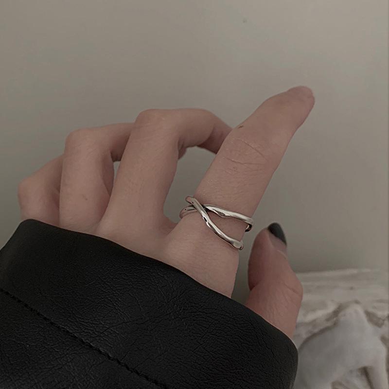 Beixi S925 Sterling Silver Crossed Lines Open Ring - Trendy Stackable Index Finger Ring for Women