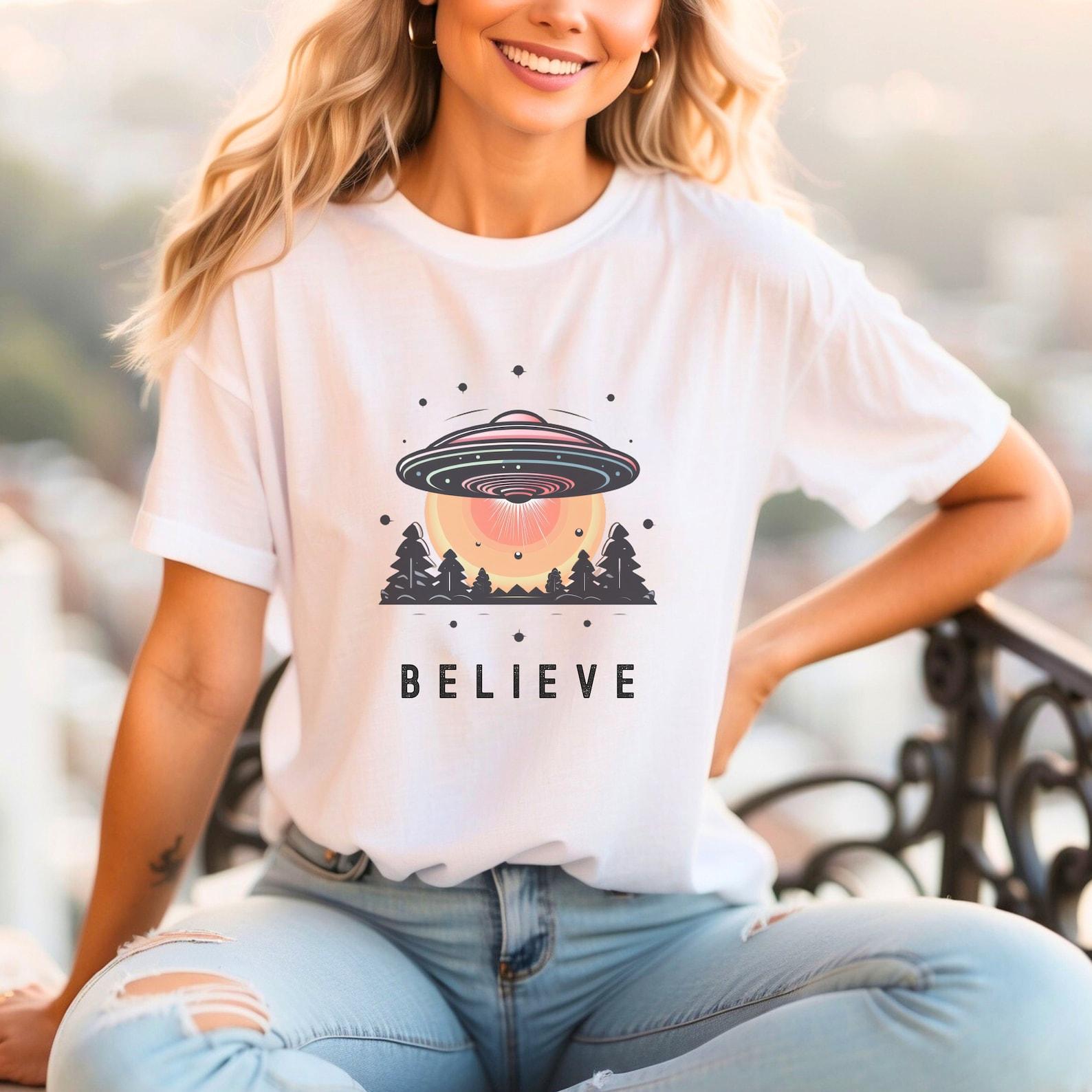 Believe UFO T-Shirt: Aliens in Forest Spacecraft, Sunset Design L