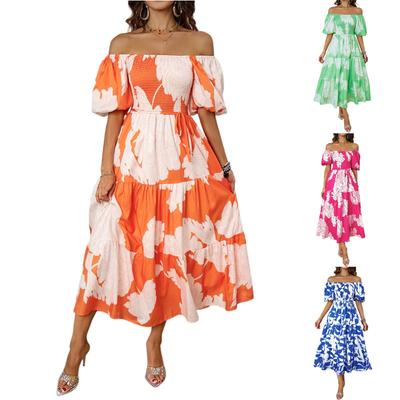 Women's Fashionable Square Neck Floral Print Bubble Short Sleeved Dress With Temperament