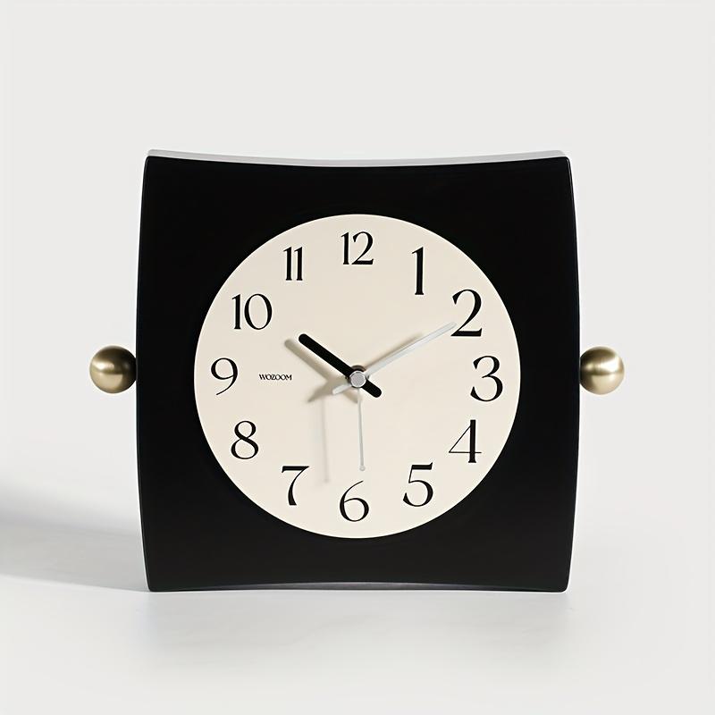 Unique Square Wall Clock with Curved Appearance, Metal Ball Decorations, Rotatable Dial, Beige Face with Black Numbers, Silent Operation, Wooden Frame