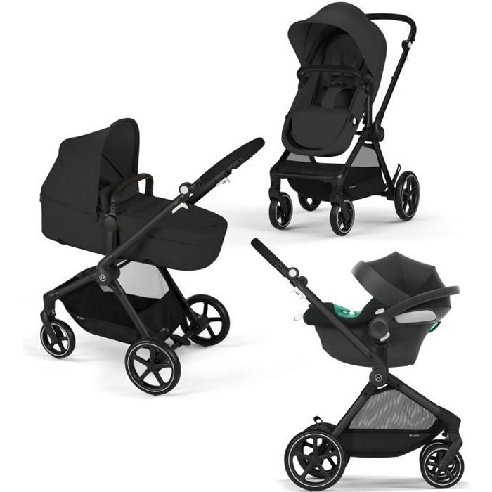 CYBEX Kočárek Trojkombinace EOS BLACK Moon Black : Konvertibilní kočárek 2v1 + Autosedačka Aton B2 i-size + Konvertibilní houpátko Korbička