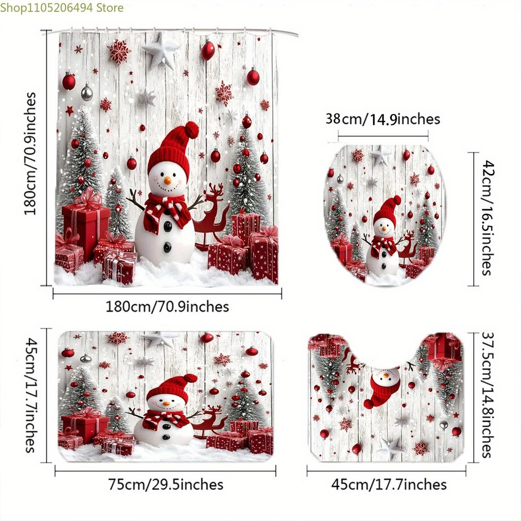 1/3/4pcs Christmas Snowman Design Bathroom Set: Shower Curtain, Toilet Cover, Bath Mat, with 12 Plastic Hooks, 182.88cm X 182.