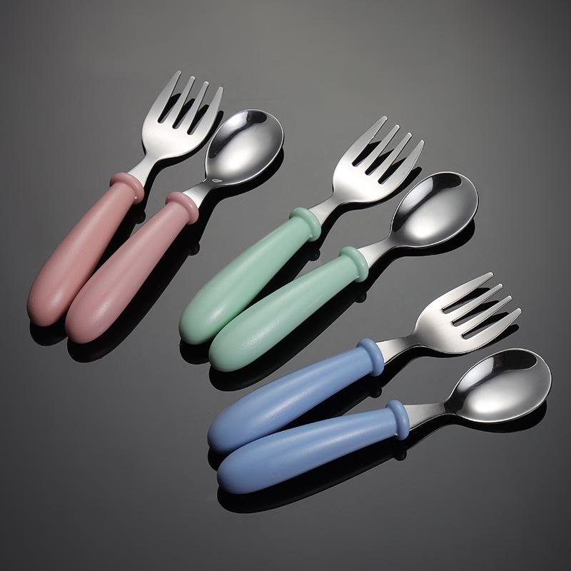 304 Stainless Steel Kids Cartoon Fork & Spoon Set with Cute Drop-Resistant PP Handles