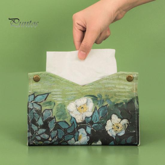 Space Saving Paper Holder PU Leather Tissue Box Cover with Wild Rose/Sunflower Pattern, Foldable Desktop Organizer, Napkin Case, Facial Organizer