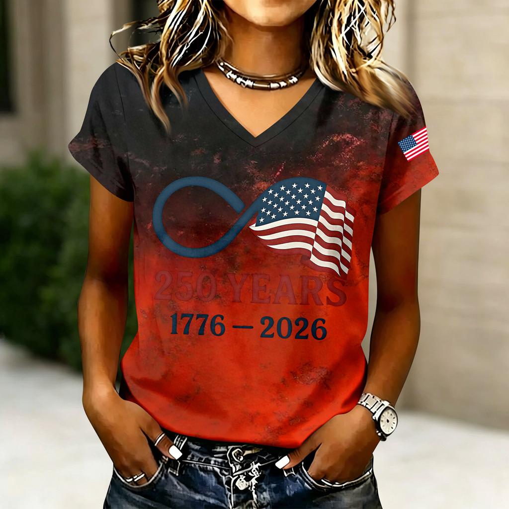 Women's Casual V Neck Short Sleeve T Shirt with Letter Print 250 Years 1776-2026 American Flag Graphic Top Summer Tee
