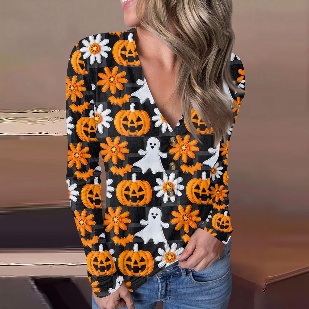 Lässiger Pullover mit V-Ausschnitt und Halloween-Print für Damen