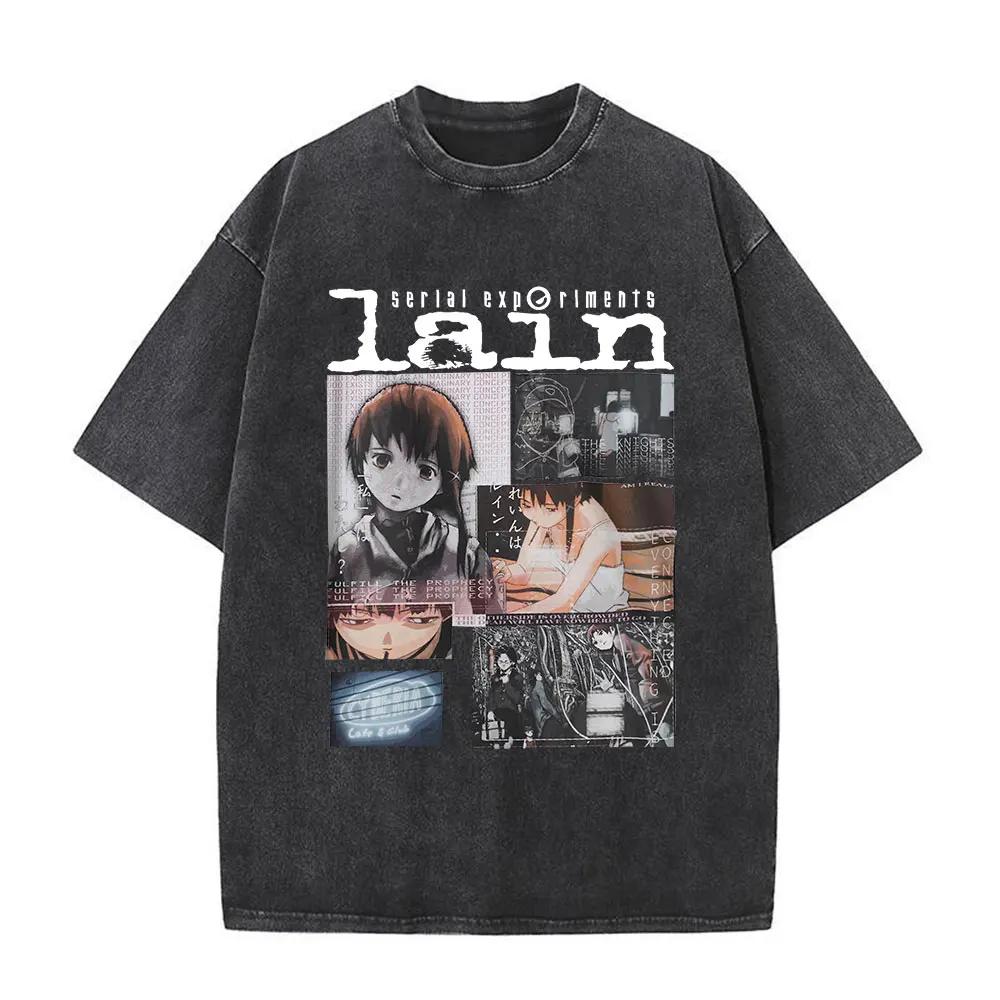 Washed Vintage Anime Serial Experiments Lain Face Graphic Tshirt Manga Girl Sci Fi Yk T Shirt Men Women Cotton Retro Tshirts