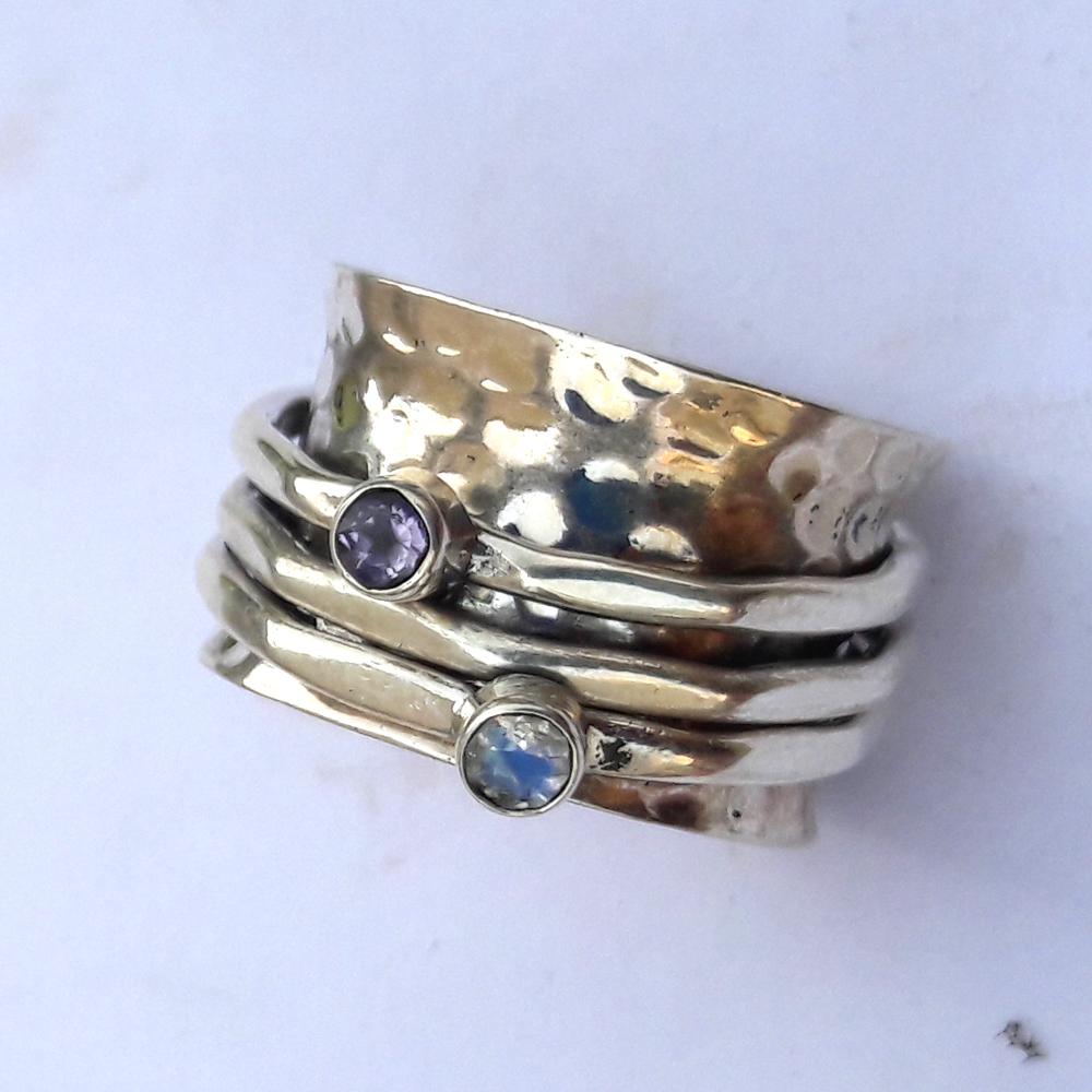 Mondstein & Amethyst Silber Spinnring, Herz Spinner Ring, 925 Sterling Silber Ring, gehämmerter Ring, Angstring, Sorgen-Fidget-Ring, Geschenk für Sie