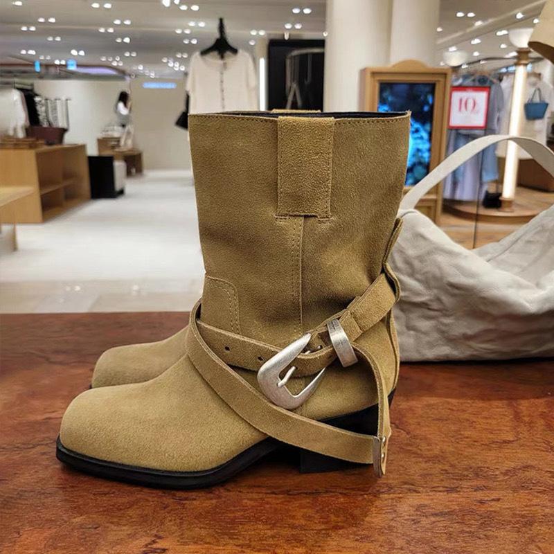 Cowhide Version~ Retro Square Head Suede Belt Buckle Short Boots Women's Wide Tube Medium Boots Thick Heel One Pedal Martin Boots
