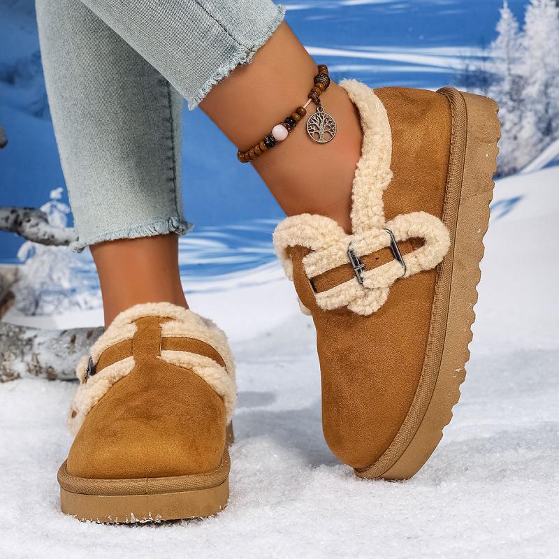 Soft Thick Bottom Furry Casual Shoes Women 2025 Winter Warm Short Plush Flats Shoes Metal Buckle Non Slip Snow Boots for Woman
