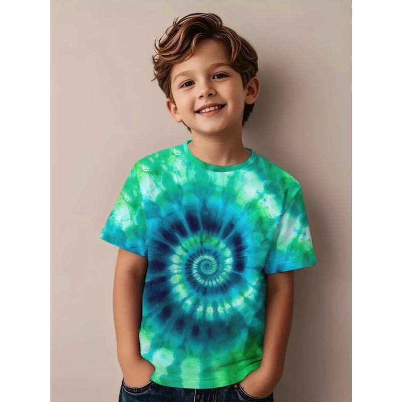 Children's Clothing Boys Spiral Tie-Dye Short Sleeve Rainbow Swirl Print Round Neck Top Summer Casual Erano Colorido Boy Clothes