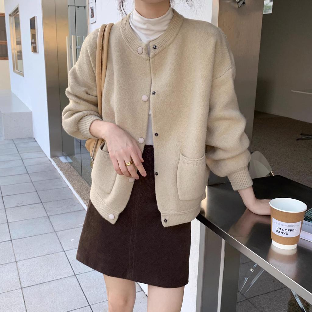 Women's Pink Korean-Style Loose Fit Cardigan - Soft, Long-Sleeved, Perfect for Autumn and Winter