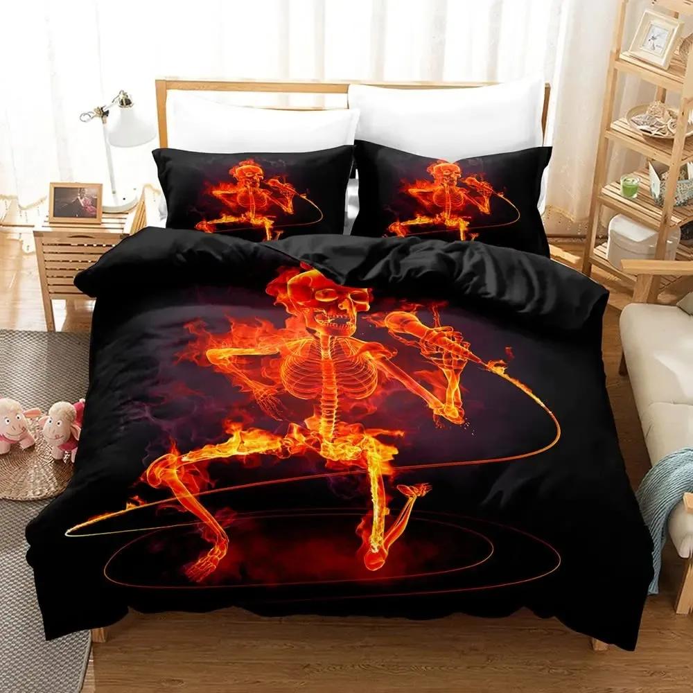 Black Blue Flame Skull Duvet Cover Set Full Size 3D Skeleton Bones Bedding Set Gothic Comforter Cover Horror Skull Quilt Cover