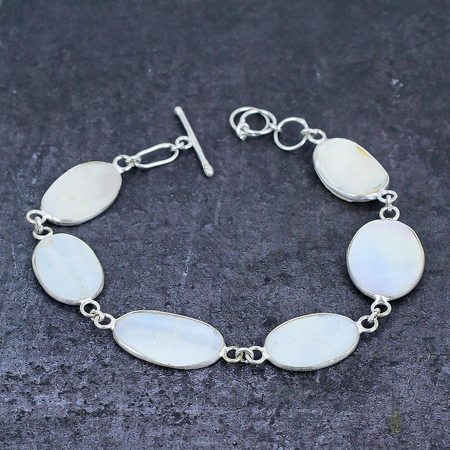 Natural Mother Of Pearl Gemstone Handmade 925 Sterling Silver Bracelet 7-8" P3Y49