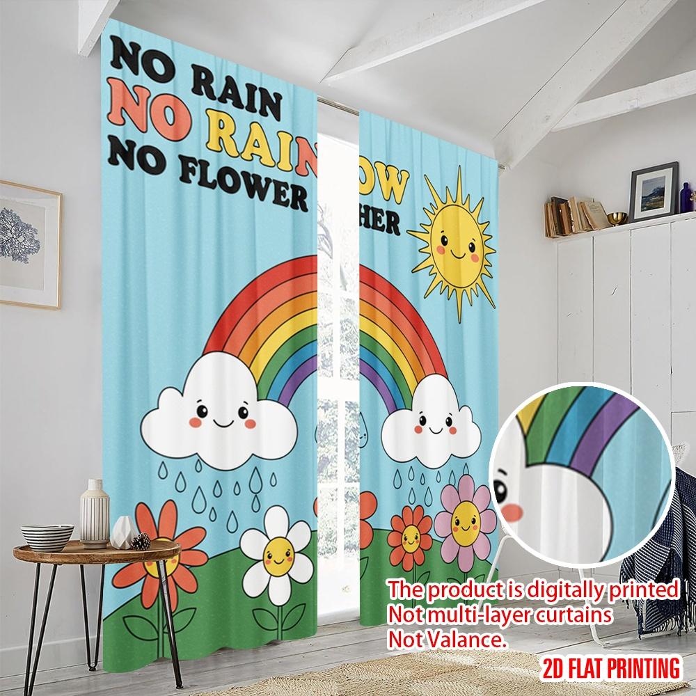 2pcs 2D Flat Printing Party Curtain Rainbow Flower Sun Clouds Fabric Without Electricity Festive Wall Decor Perfect for Gold