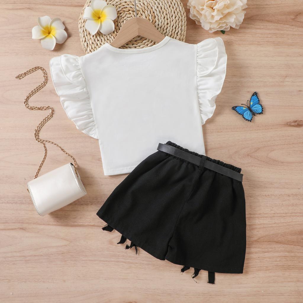 Zestaw modowy dla dziewczynek 2025 lato dziecięcy casualowy jednolity kolor falbanki okrągły dekolt nadruk krótkie spodenki pasek trzyczęściowy zestaw