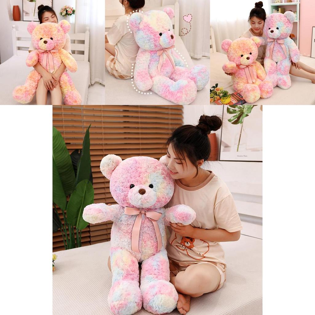Adorable Tie-dye Teddy Bear Plush Toy With Rainbow Ribbon Soft And Cuddly 100cm