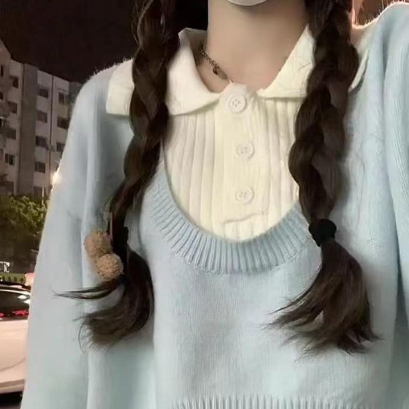 Vintage Two-piece Sweater Women's Japanese Autumn Winter Lapel Long Sleeved Sweaters Preppy Style Knitted Solid Tops