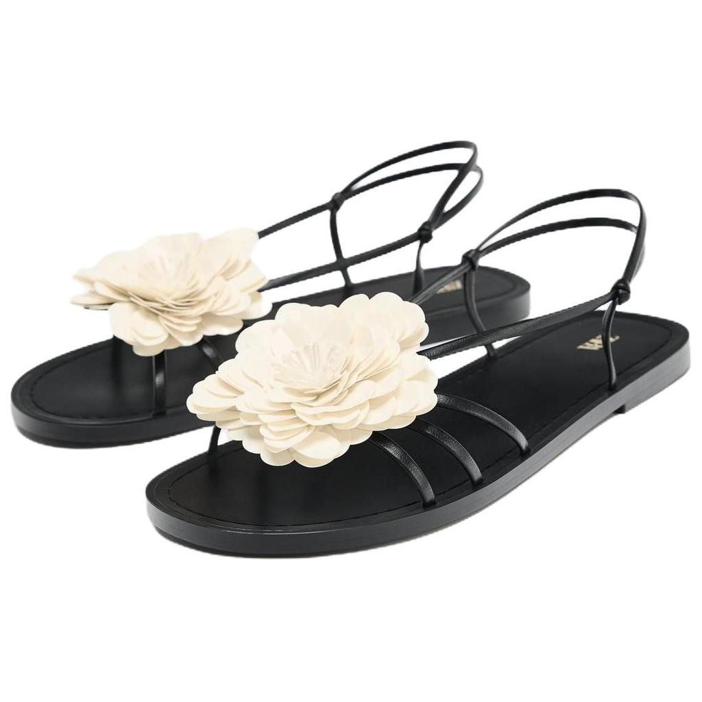 Zara Pu Vintage Open-Toe Floral Decor Flat One-Strap Sandals 1.5Cm Women Sandals Black 2604510800