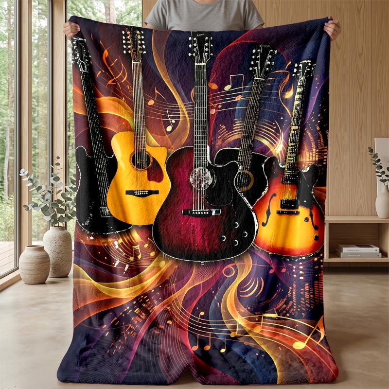 Guitar Butterflies Music Art Theme Blanket Lightweight Warm Flannel Blanket Decorative Throw Blanket for Home Decoration