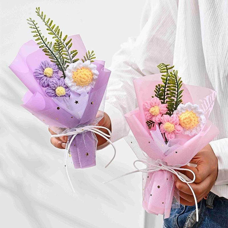 Finished Crochet Flower Bouquet Artificial Flower Room Decoration Handmade Knitted Flowers Bouquet Wedding Party Gifts