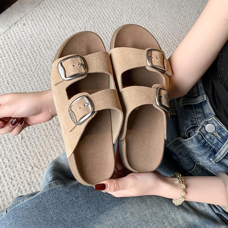 Fashion Cork Clogged Women's Slippers Summer Retro Comfortable Soft Flat Sandals Matte Platform Sandals Adjustable Button Beach Shoes