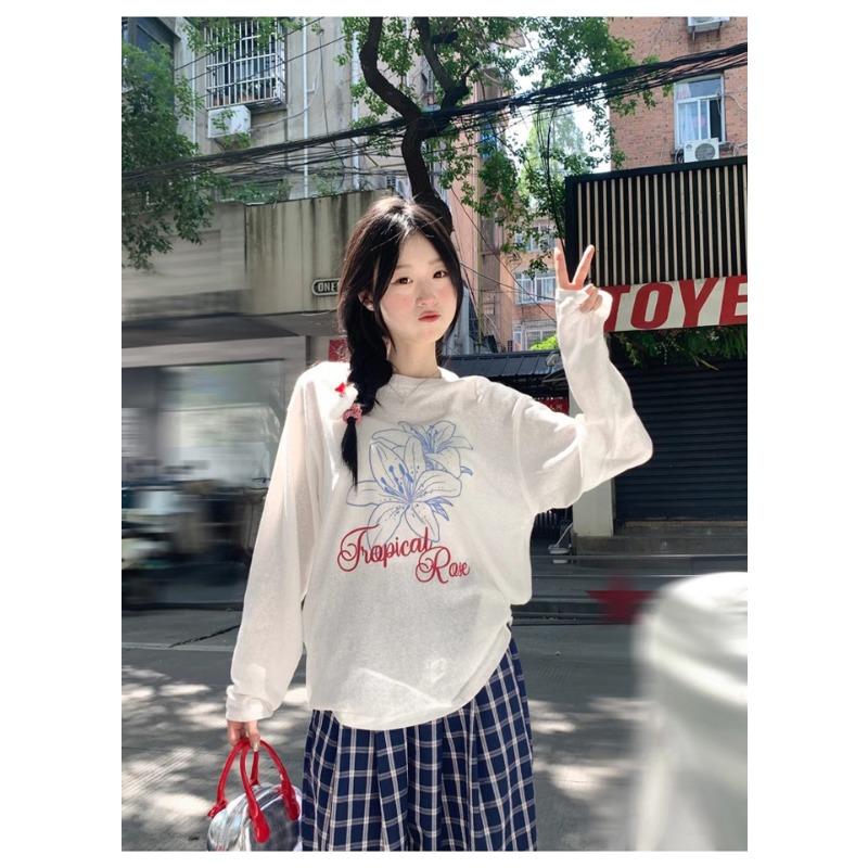 Women Casual Loose Long Sleeve Round Neck Floral Print Sun Protection T Shirt Top