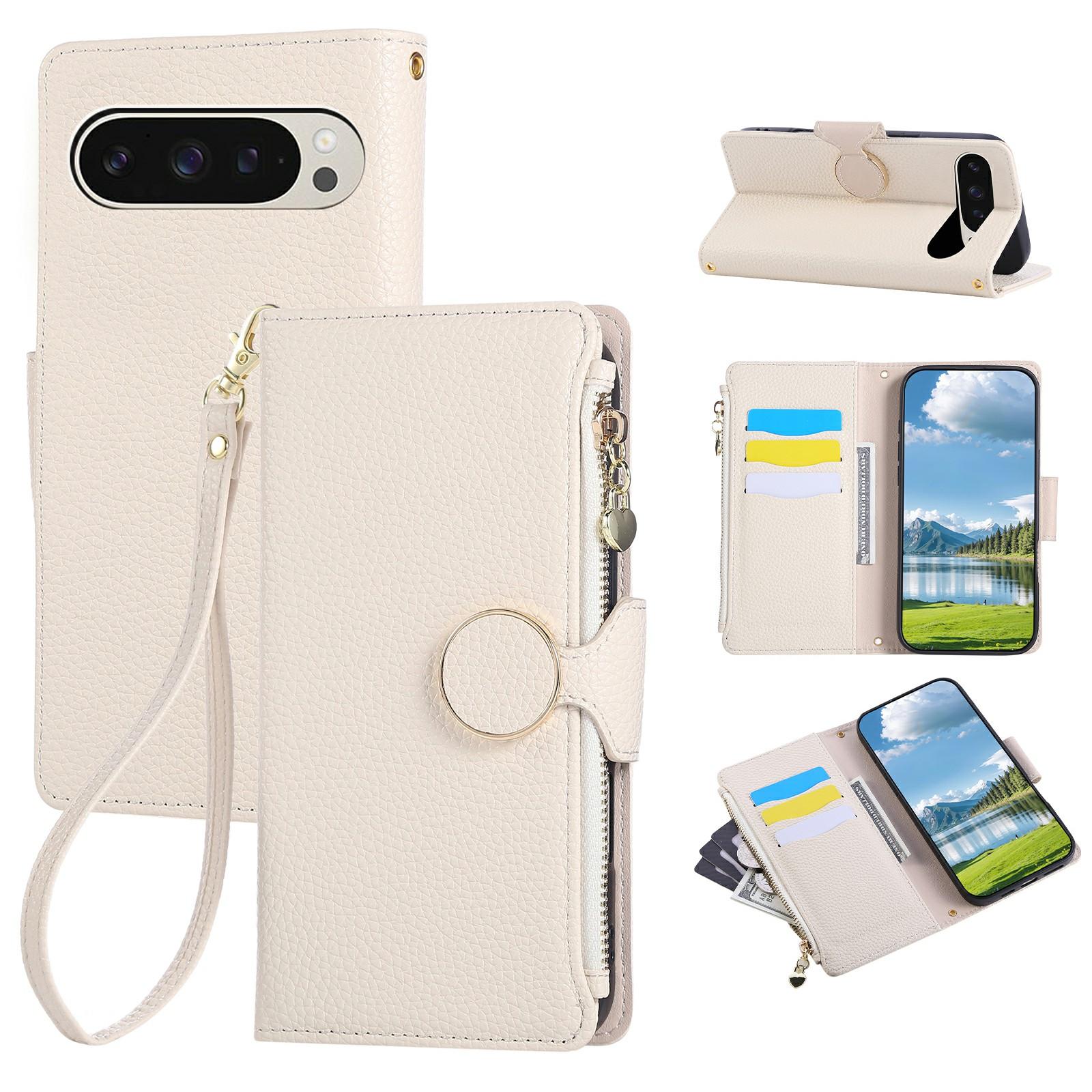 

For Google Pixel 9/9 Pro Case Zipper Wallet Leather Phone Cover with Wrist Strap Beige