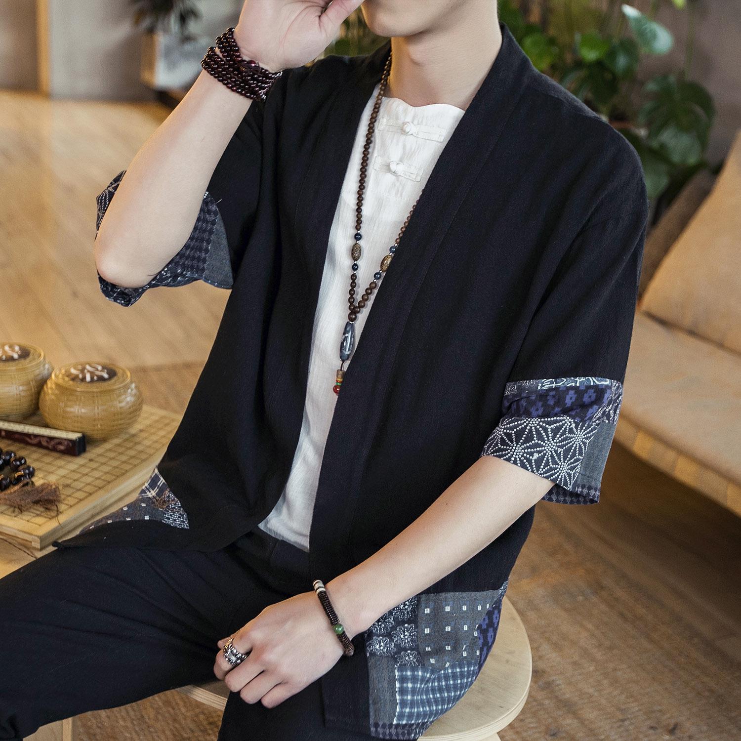 

Мужской этнический стиль хлопок лен накидка кардиган – легкая защита от солнца, рукав до локтя ханьфу костюм тан дзен. XL чёрный