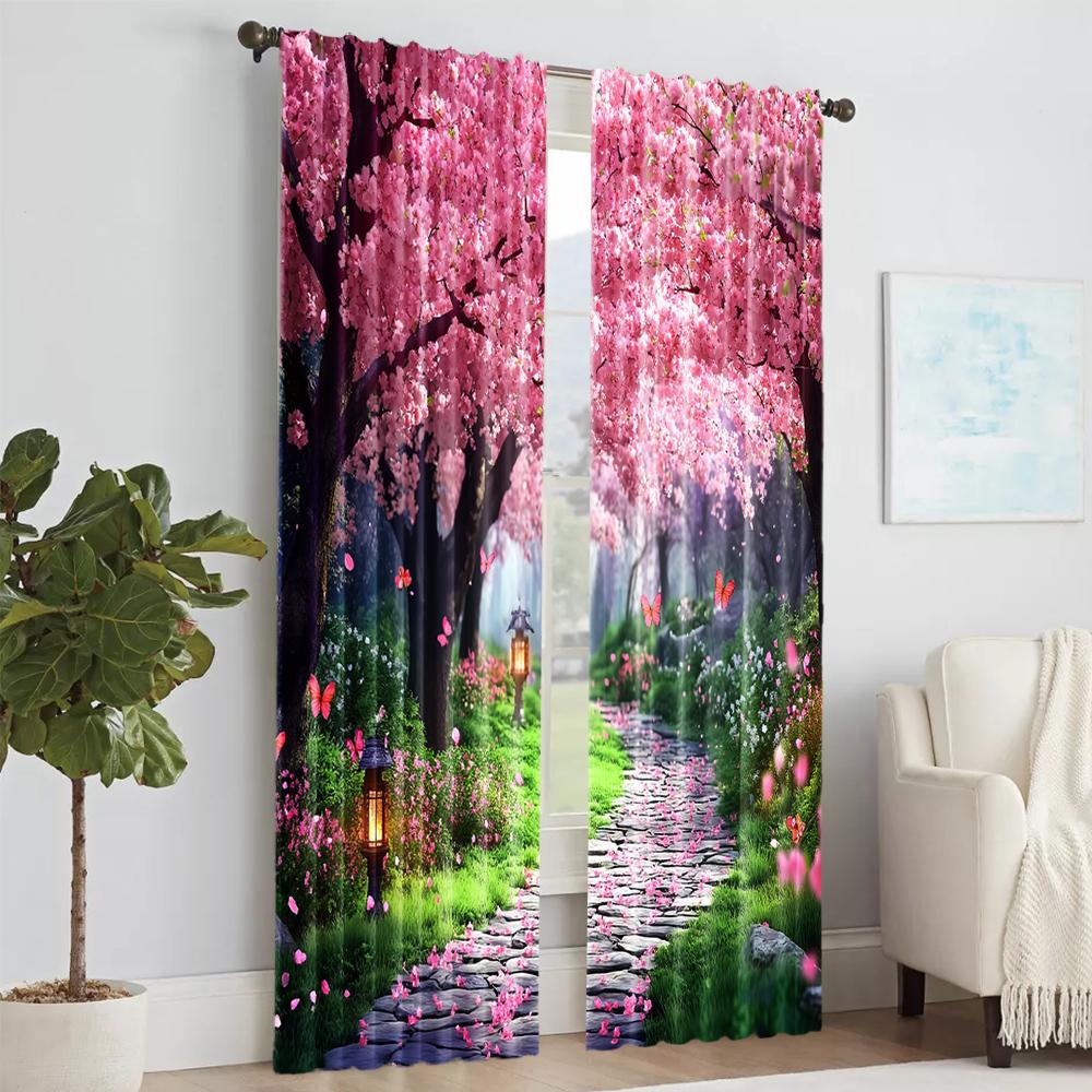 2 pcs   versatile polyester transparent curtains for home decoration Enchanting Cherry Blossom for use in bedrooms and living