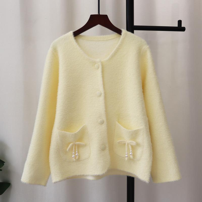 

Кардиган вязаный из имитации норкового бархата с бантом, новый осенне-зимний, с круглым вырезом, высококлассный свитер-жакет для женщин one size fits all жёлтый