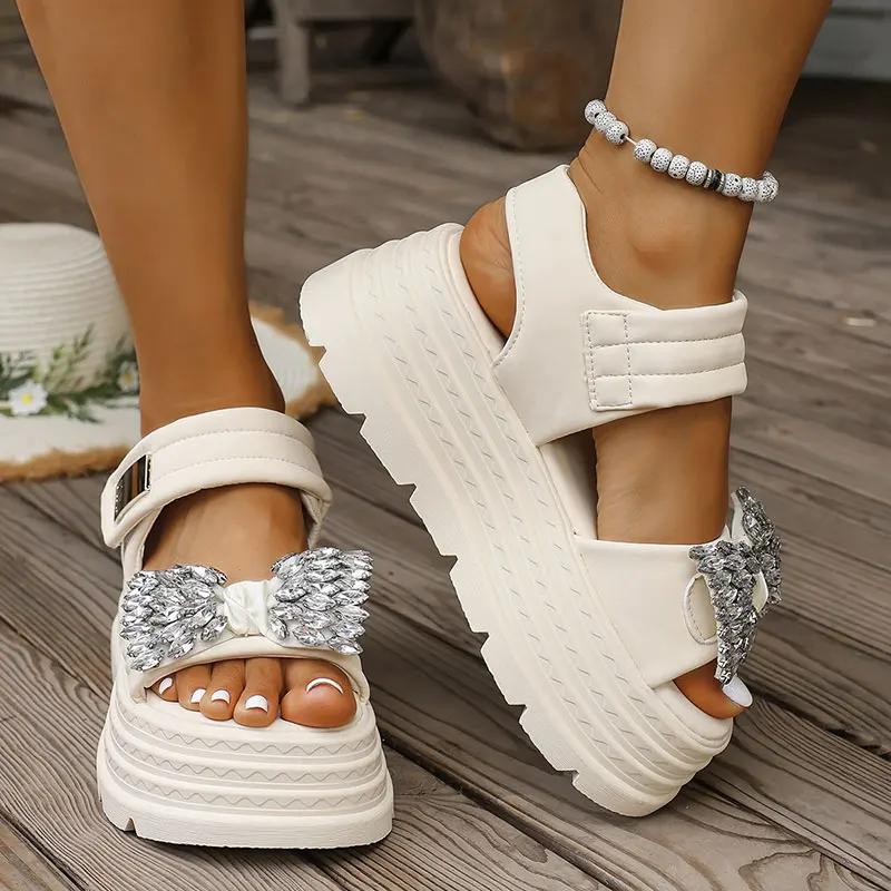 Fashion Bowtie Shiny Crystal Decor Flat Sandals Women Summer Thick Sole Chunky Platform Sandals Woman's Comfort Non Slip Beach Sandals