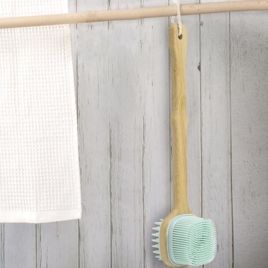 Koupelový kartáč Dřevěná dlouhá rukojeť Oboustranné měkké silikonové štětiny Závěsná šňůrka Multifunkční tělo Záda Čištění Masážní sprchový mycí stroj