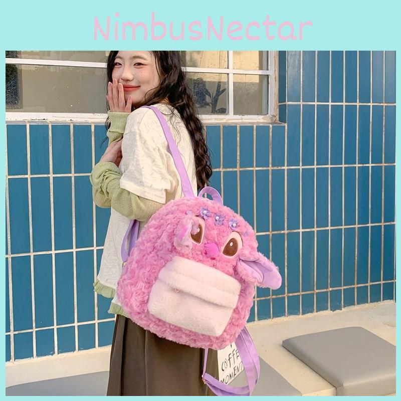Backpack Pink Plush Cherry Blossom Pearl Design With Drawstring Closure