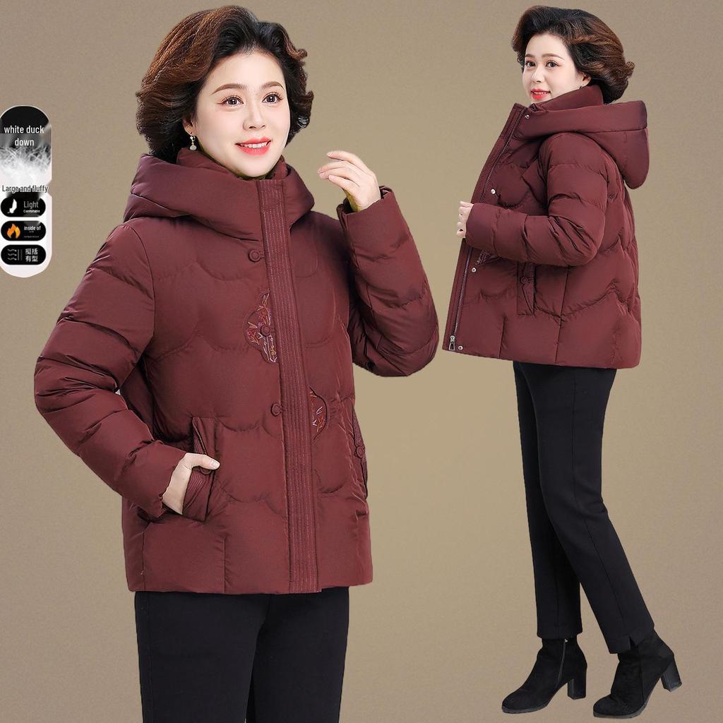 Warme Kapuzen-Daunenjacke für Damen 2025: Neue Stil Stickerei Baumwolle Winter Oberbekleidung für Mütter mittleren und höheren Alters.