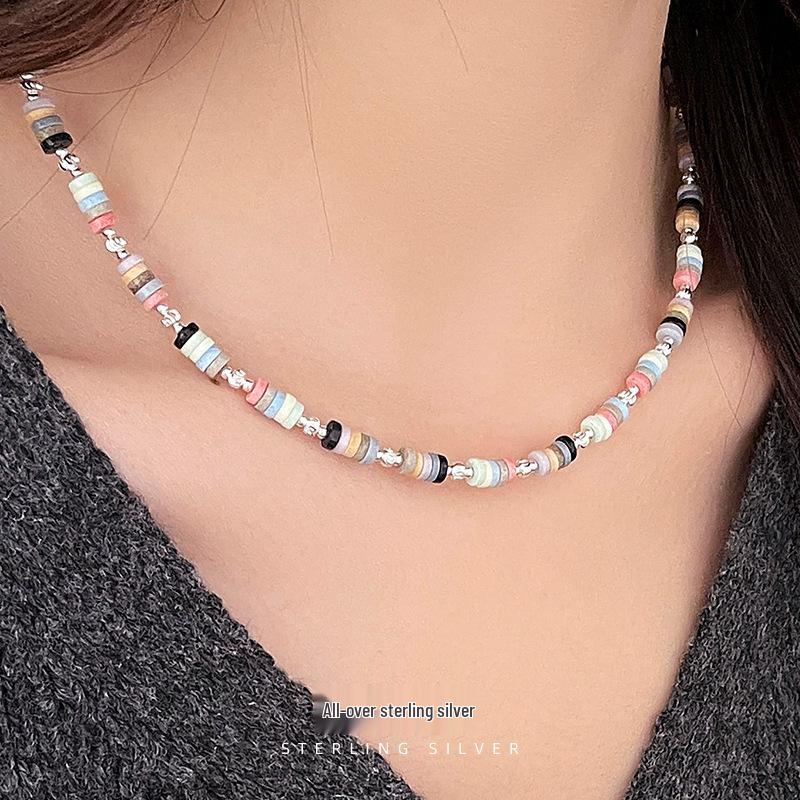 Cui Yan S925 Sterling Silver Korean Style Colorful Beaded Necklace for Women – Spring/Summer Dopamine Choker
