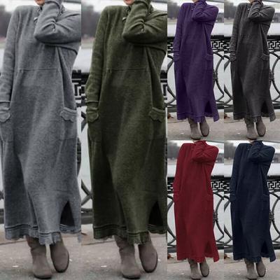 Women Oversized Long Dress Loose Sweater Tunic Long Sleeves Jumpers Pockets Maxi Dress