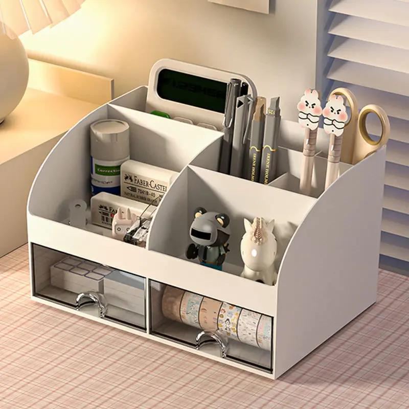 Desktop Storage Box Pen Holder Stationery Cosmetics Lipstick Organizer 6 Grids With Drawer Desk Storage Organizer Home Office