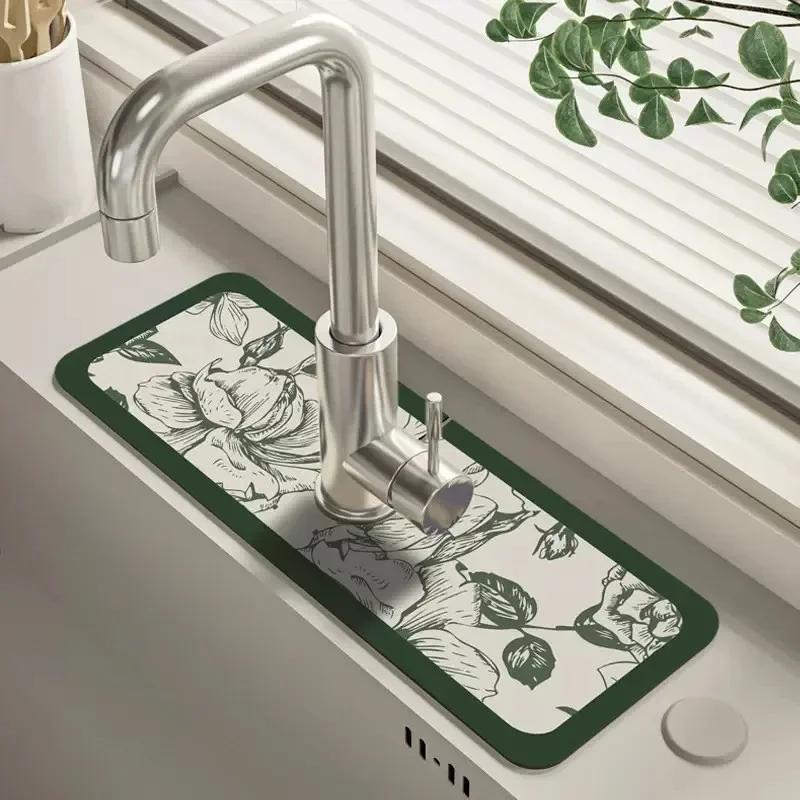 Faucet Drain Pad Retro Self-priming Kitchen Countertop Drain Mat Diatom Mud Wipeable Anti-slip Mat Absorbent Dish Drying Mat