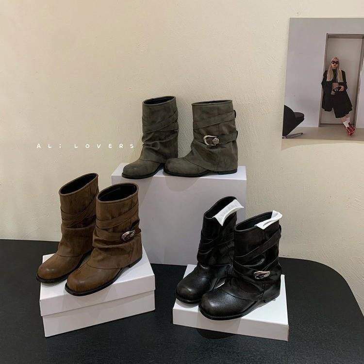 Fashion Belt Buckle Thick Heel Fashion Stacking Boots Women's New Short Knight Boots Locomotive Boots Pants Pants Women's Boots