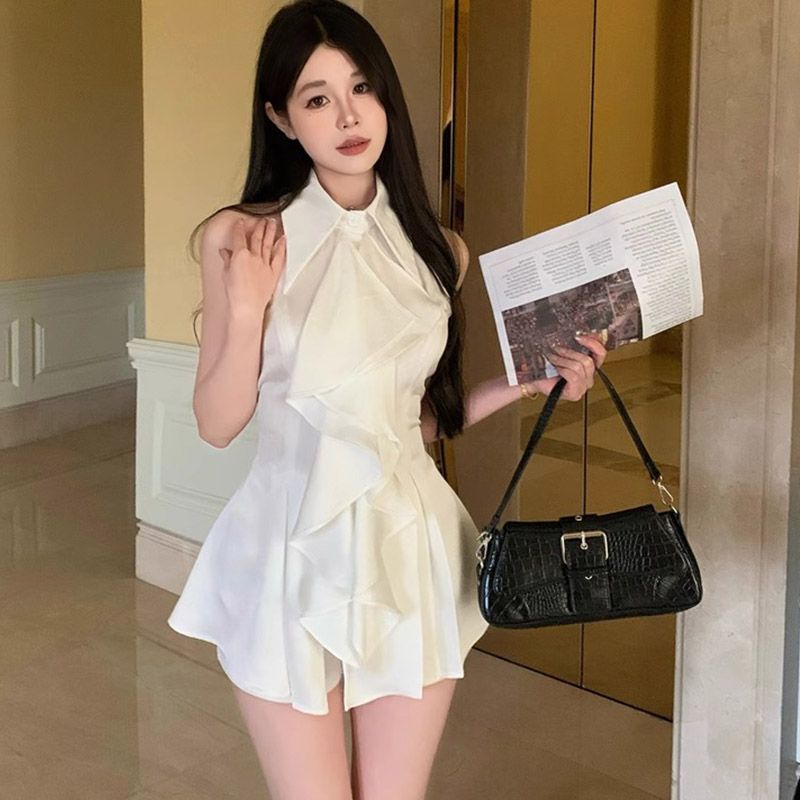 Ruffle Edge Sleeveless Shirt Top Women's Summer French Temperament Medium and Long Waist Slim Shirt Short Skirt
