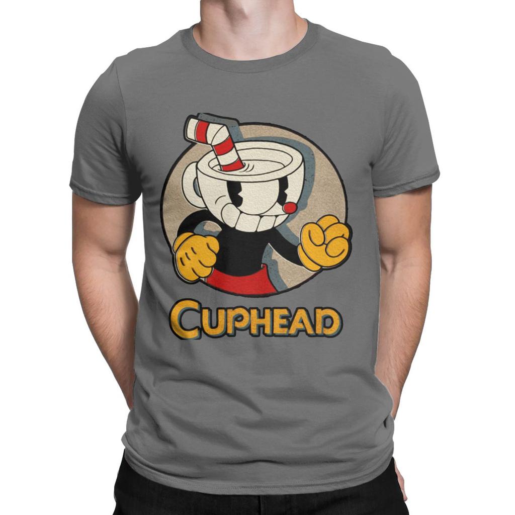 Creative Cuphead And Mugman Angry T-Shirt for Men Crew Neck Pure Cotton T Shirts Retro Games Short Sleeve Tee Shirt Clothing